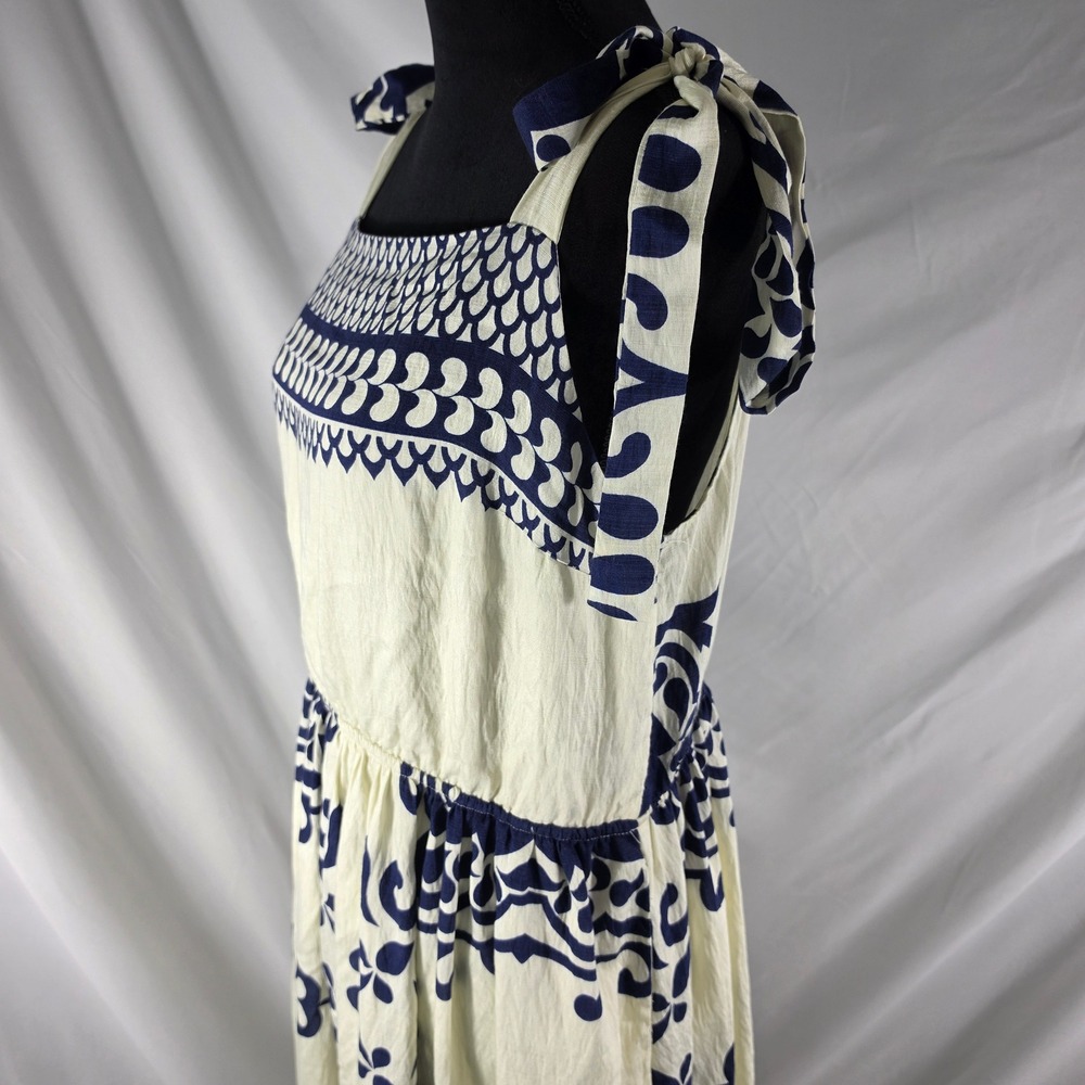 Area Stars Blue Cream Block Print Tie Shoulder Maxi Dress Boho XL